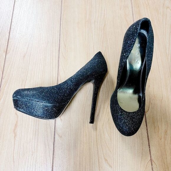 BAKERS MELINA BLACK GLITTER PLATFORM SHOES - Picture 3 of 15